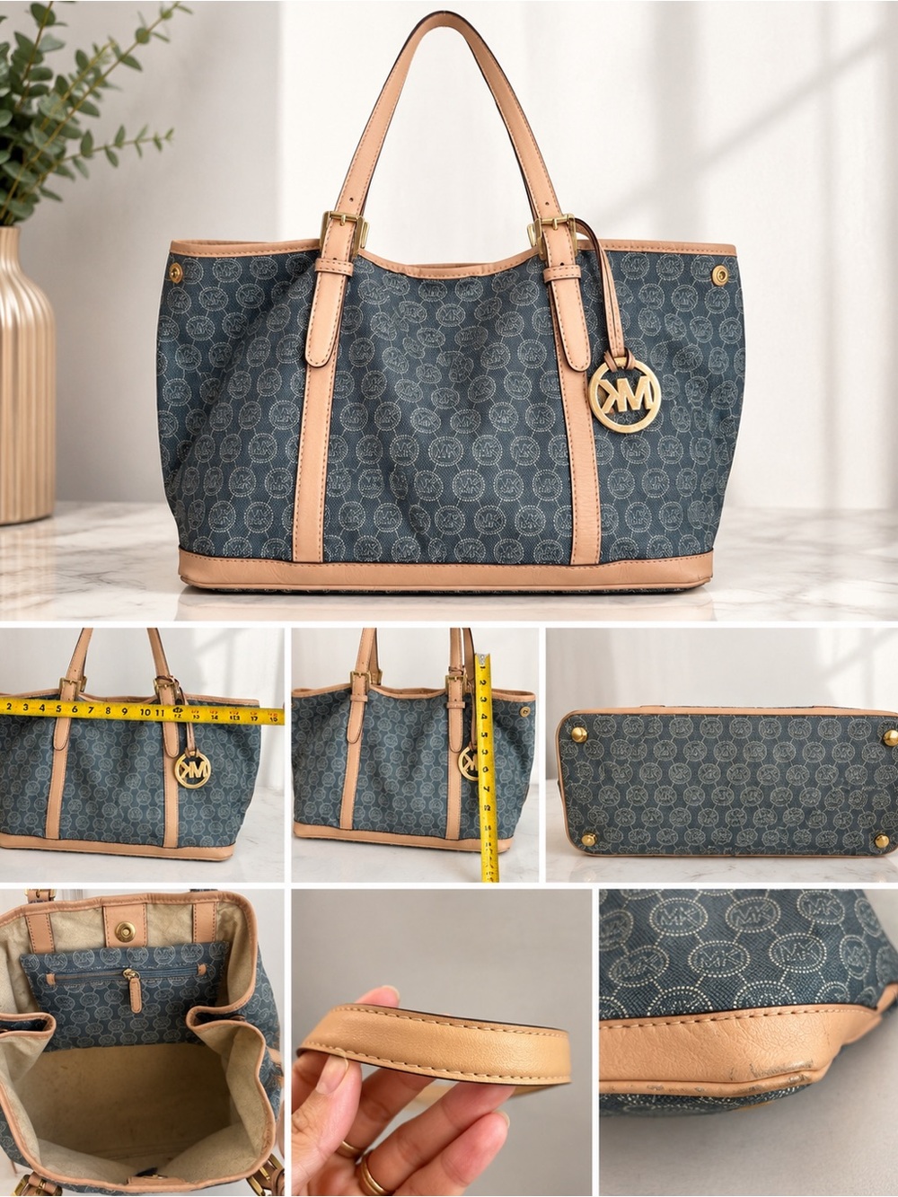 Michael Kors Blue Monogram Tote with Tan Trim